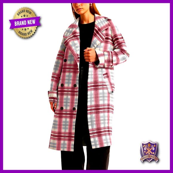 Jackets & Blazers - Long Wool Plaid Pea Coat Double Breast Trench Overcoat with Belt Elegant